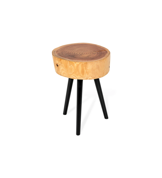 Mesa de apoio tronco em madeira natural de criptoméria, pés lacados a negro, Ø 35 a 45 cm.