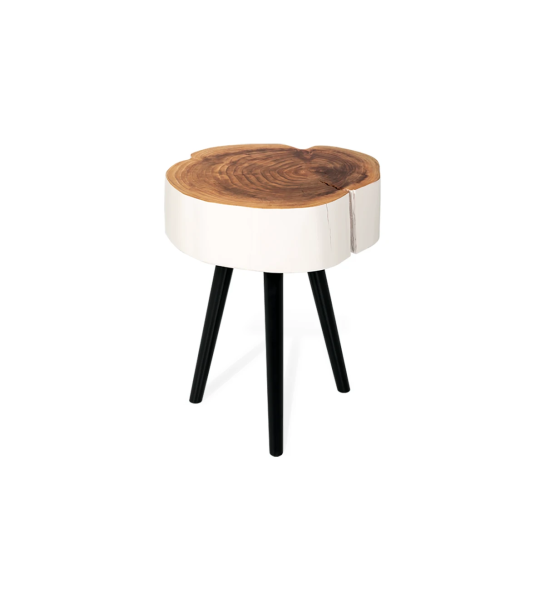 Mesa de apoio tronco em madeira natural de criptoméria lacada a pérola, pés lacados a negro, Ø 35 a 45 cm.