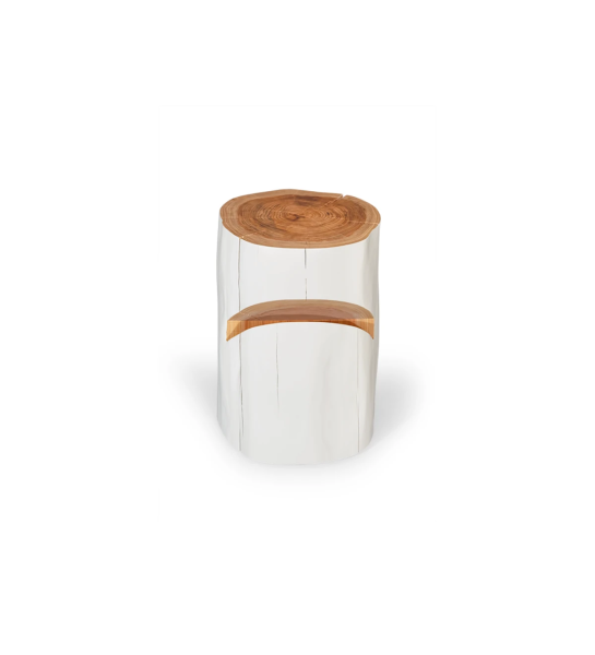 Mesita de noche en madera natural de criptomeria lacada en perla.
