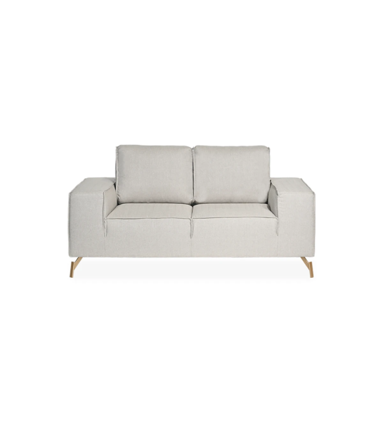 Sofá Tokyo 2 plazas tapizado en tela beige, pies en metal lacado dorado, 191 cm.