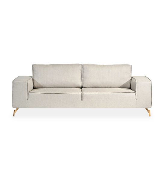 Canapé Tokyo 3 places recouvert en tissu taupe, pieds en métal laqué doré, 238 cm.