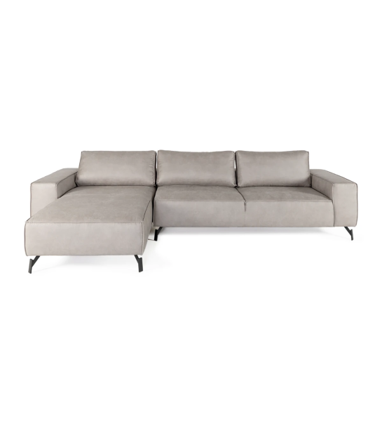 Sofá Tokyo 3 lugares e chaise longue esquerda, estofado a tecido light grey, pés metálicos lacados a negro, 335 cm.
