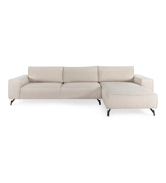 Sofá Tokyo 3 lugares e chaise longue direita, estofado a tecido bege, pés metálicos lacados a negro, 335 cm.