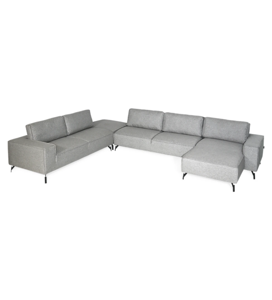 Sofá de canto Tokyo com chaise longue e puff, estofado a tecido cinzento, pés metálicos lacados a negro, 410 x 313 cm.