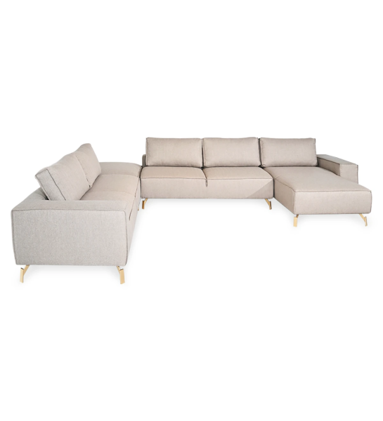 Sofá de canto Tokyo com chaise longue e puff, estofado a tecido toffee, pés metálicos lacados a dourado, 410 x 313 cm.