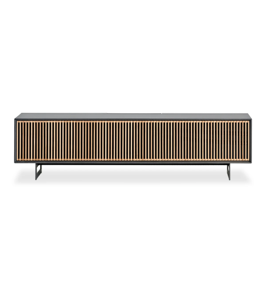 Meuble TV Tokyo 2 portes pliantes en chêne naturel, structure et en métal laqué noir, 210 x 55 cm.