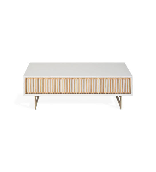 Mesa de centro Tokyo rectangular, 1 cajón en roble natural, estructura lacada perla y pies en metal lacado dorado, 110 x 65 cm.