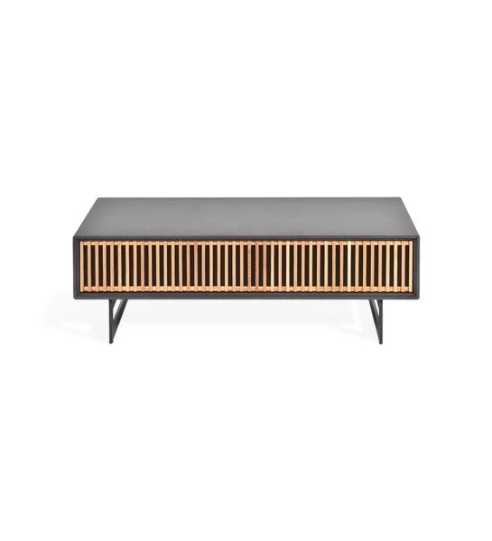 Mesa de centro Tokyo retangular, 1 gaveta em carvalho natural, estrutura lacada a pérola e pés metálicos lacados a negro, 110 x 65 cm.