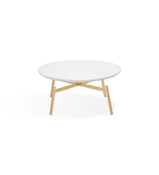 Mesa de centro Tokyo redonda, tampo lacado a pérola e pé metálico lacado a dourado, Ø 80 cm.