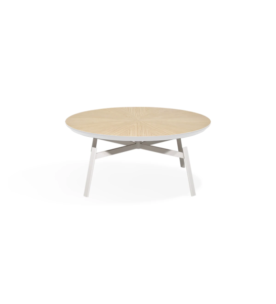 Mesa de centro Tokyo redonda, tapa en roble natural y pie en metal lacado perla, Ø 100 cm.