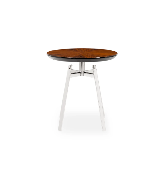 Mesa de apoio Tokyo redonda, tampo em palissandro alto brilho, pé em inox, Ø 48,5 cm.