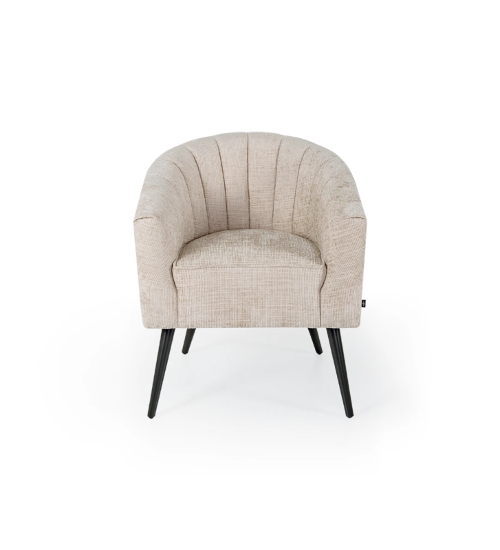Tokyo armchair upholstered in beige fabric, black lacquered feet.