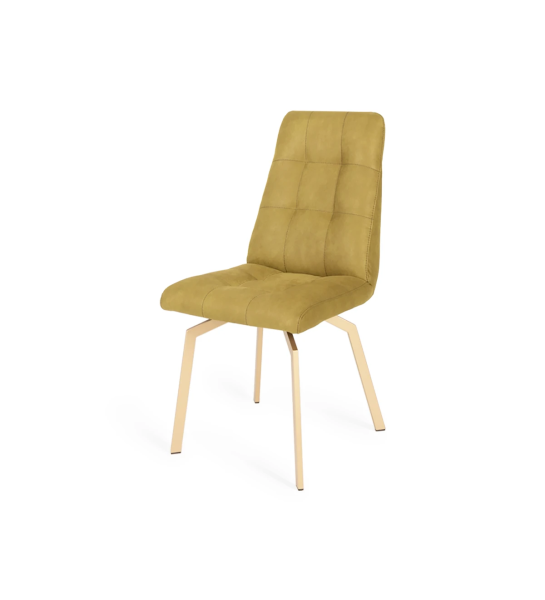 Chaise recouverte de tissu, avec des pieds en métal laqué en or.