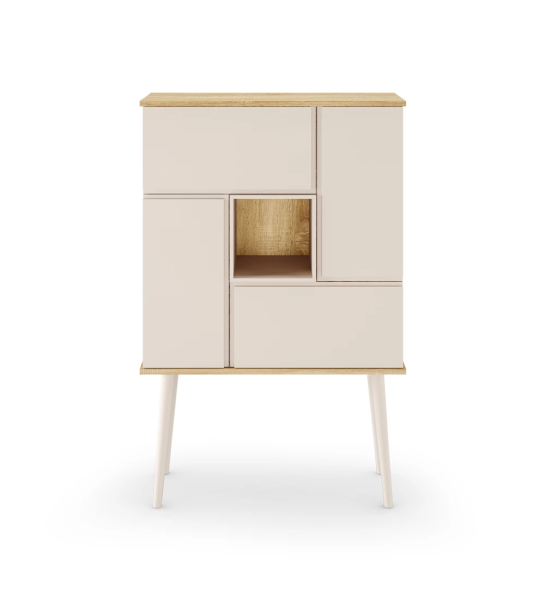 Mueble bar Oslo con estructura en roble natural, puertas, módulo y pies lacados perla, 92 x 141,2 cm.