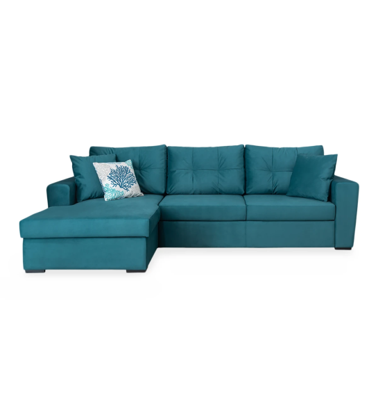 Macau 2-seater sofa bed and left chaise longue, upholstered in blue fabric, 284 cm.