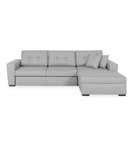 Macau 2-seater sofa bed and right chaise longue, upholstered in light gray fabric, 284 cm.