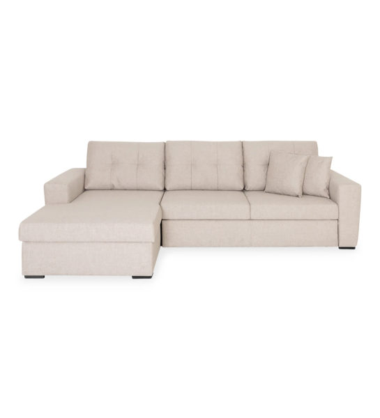 Macau 2-seater sofa bed and left chaise longue, upholstered in beige fabric, 284 cm.