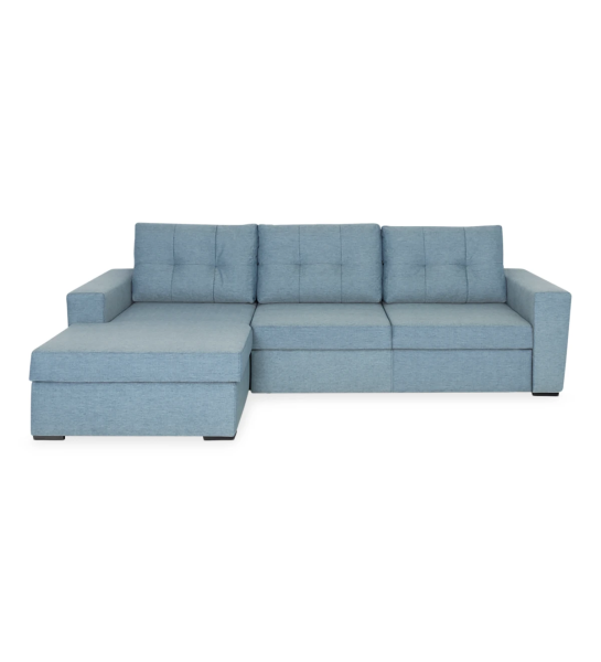 Macau 2-seater sofa bed and left chaise longue, upholstered in blue fabric, 284 cm.