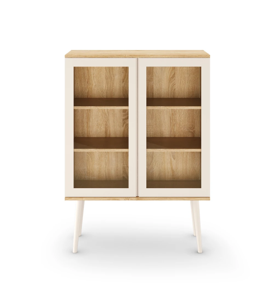 Vitrine Oslo 2 portas lacadas a pérola com vidro, estrutura e prateleiras em carvalho cor natural, pés lacados a pérola, 100 x 138,5 cm.