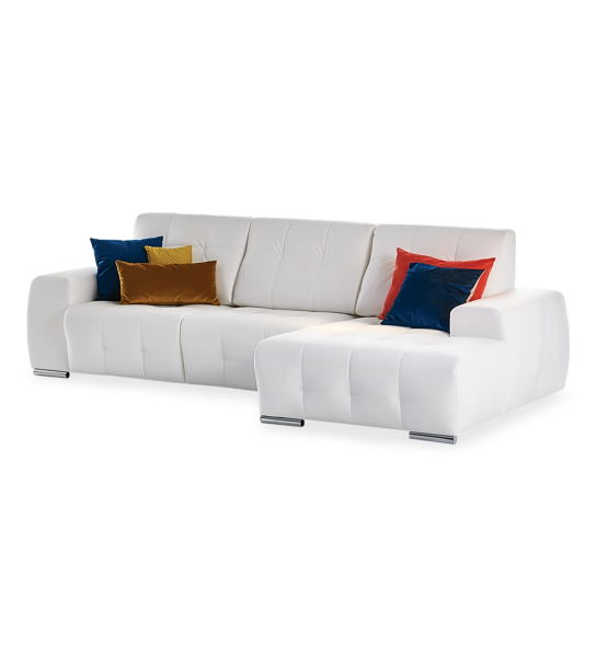 Canapé Madrid 2 places et chaise longue droite, recouvert en éco-cuir blanc, 287 cm.