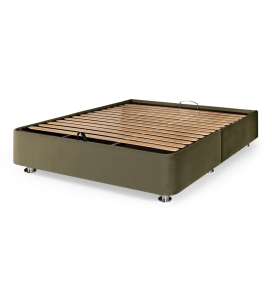 Double sommier upholstered in fabric, with lift-up bed for storage.