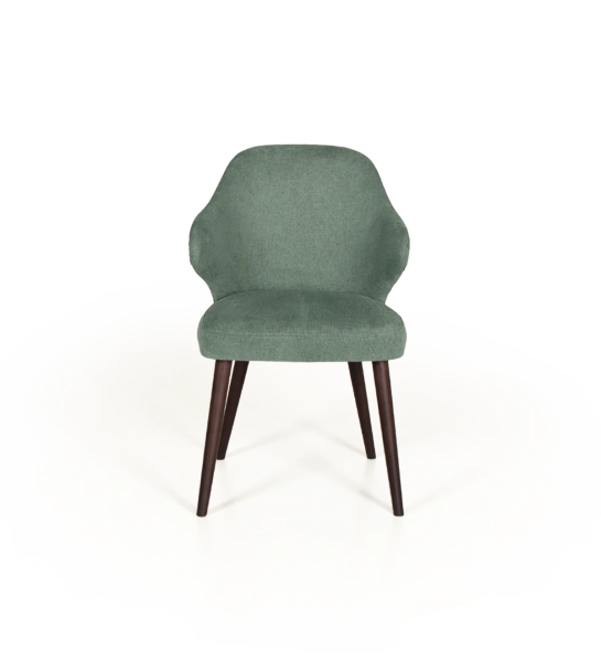 Fabric upholstered chair with dark brown ash wood feet.