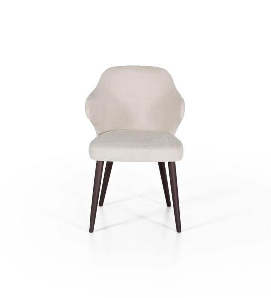 Fabric upholstered chair with dark brown ash wood feet.