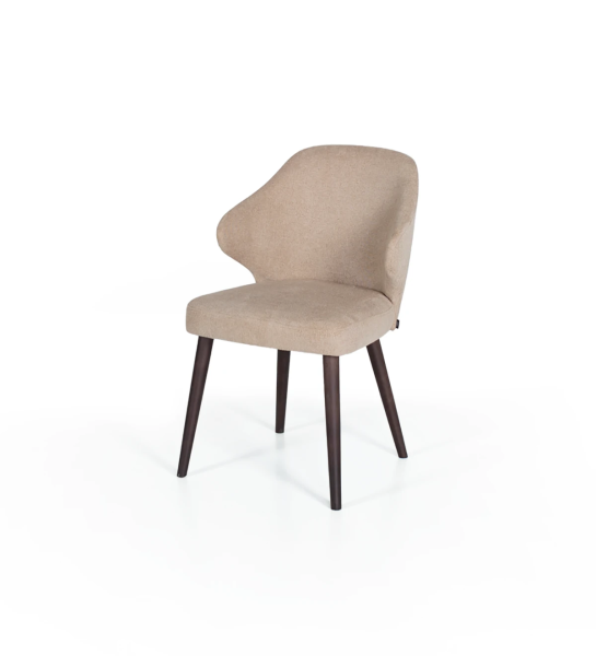 Fabric upholstered chair with dark brown ash wood feet.