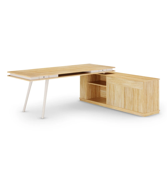 Bureau Oslo avec plateau en chêne naturel, pieds laqués perle, avec meuble latéral avec 2 portes et 1 tiroir en chêne naturel, 200 x 80 cm.