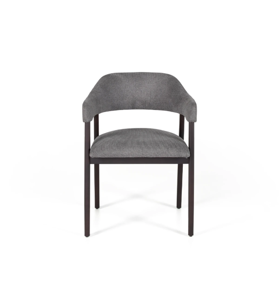 Chaise en bois de frêne brun foncé avec accoudoirs, assise et dossier rembourrés en tissu.