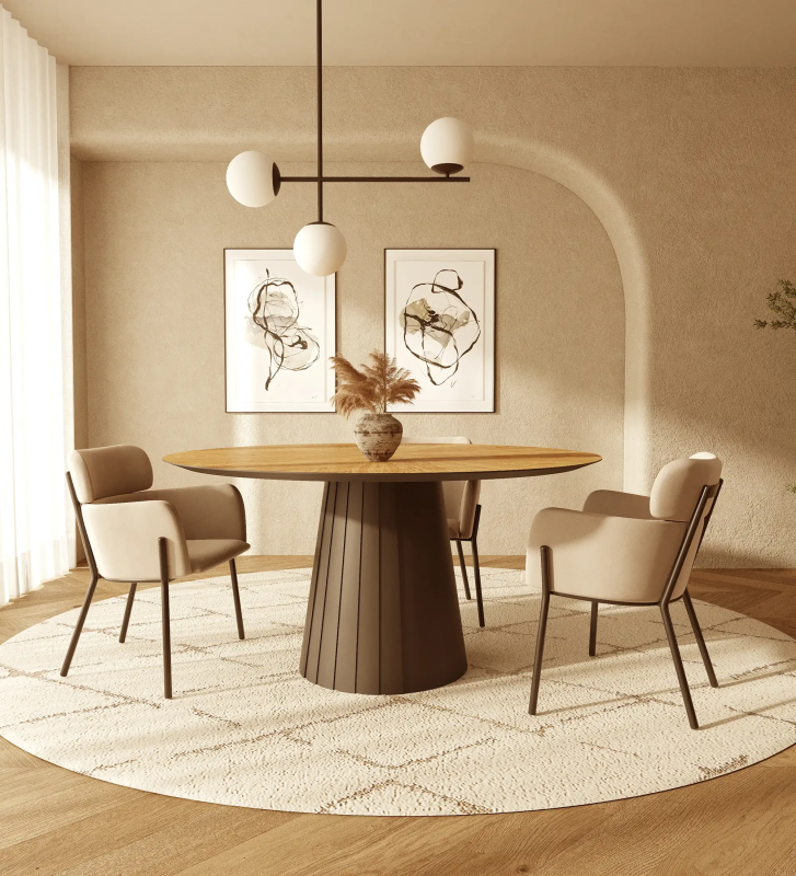 Round dining table with natural oak herringbone top and black lacquered foot.