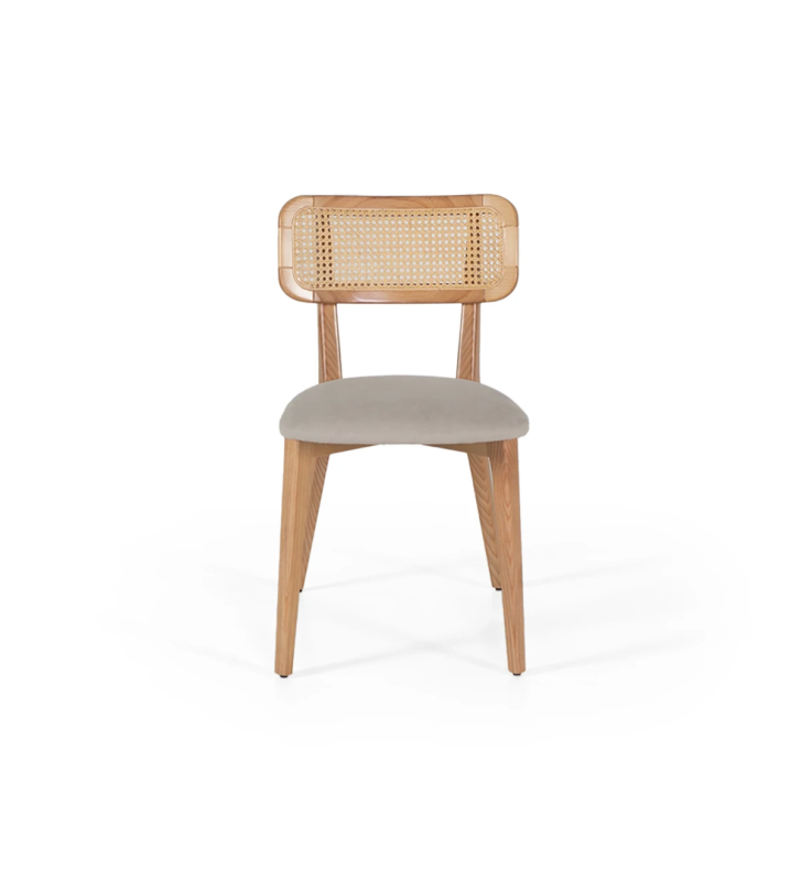 Wood chair, with rattan detail on the back and fabric upholstered seat.