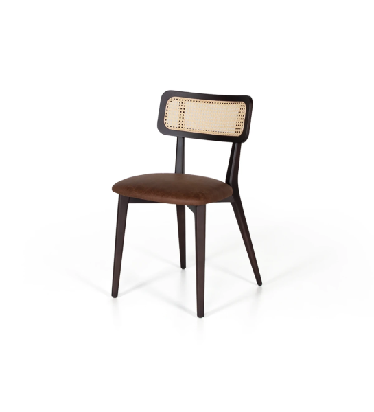 Wood chair, with rattan detail on the back and fabric upholstered seat.
