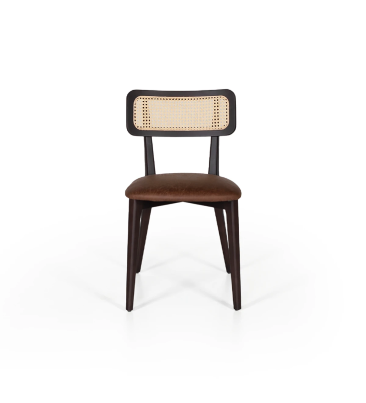 Wood chair, with rattan detail on the back and fabric upholstered seat.