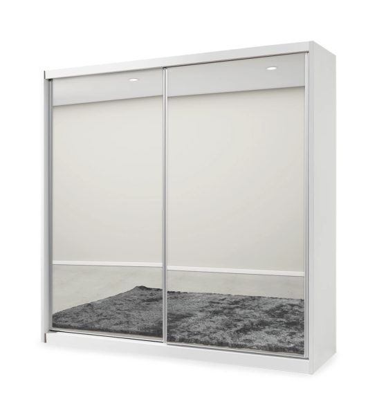 Wardrobe with 2 mirror-lined sliding doors, with 2-drawer module inside, white oak structure.