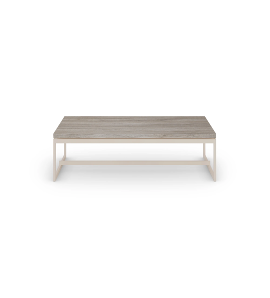Chicago rectangular center table, decapé oak top, pearl lacquered metal feet, 120 x 60 cm.