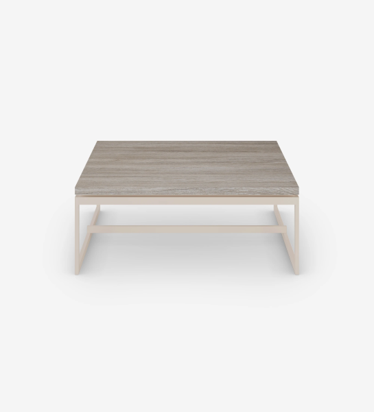 Chicago square center table, decapé oak top, pearl lacquered metal feet, 90 x 90 cm.