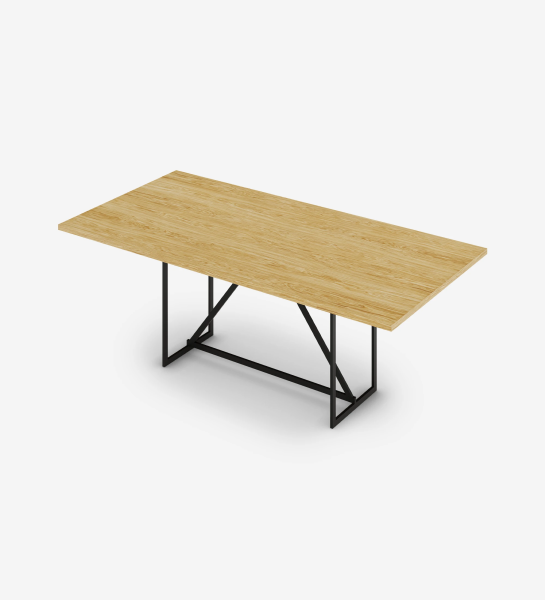 Table de repas rectangulaire Chicago 180 x 100 cm, plateau en chêne naturel, pieds en métal laqué noir.
