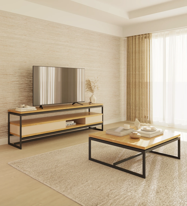 Chicago TV stand with natural oak tops, 2 pearl lacquered drawer module and black lacquered metal feet, 195 x 60 cm.