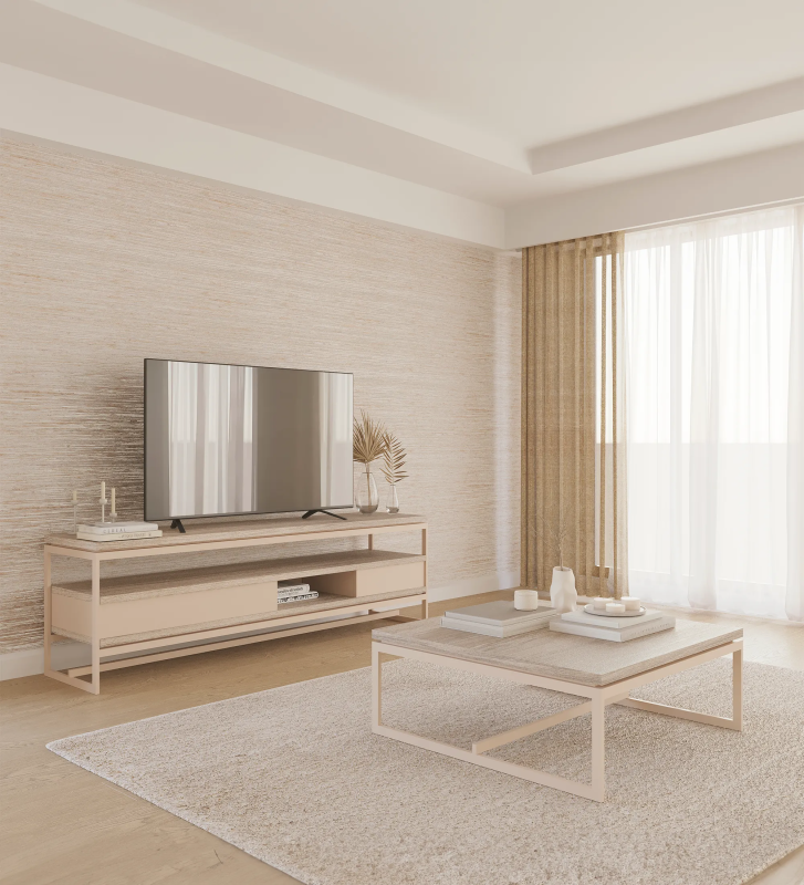 Chicago TV stand with decapé oak tops, 2 pearl lacquered drawer module and pearl lacquered metal feet, 195 x 60 cm.