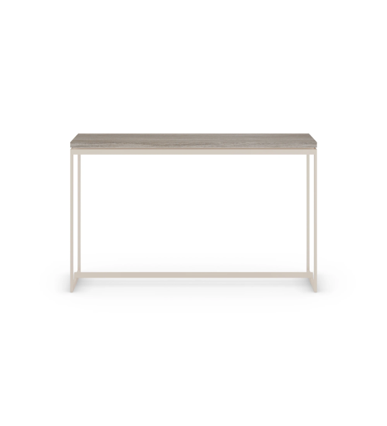 Simple console with decapé oak top and pearl lacquered metal feet