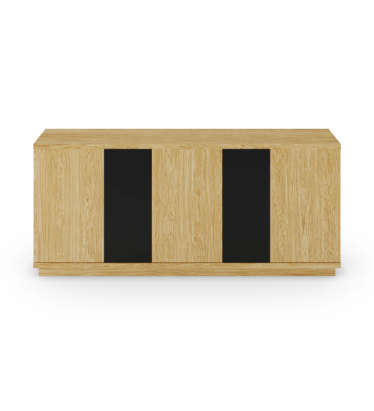 Aparador con 3 puertas grandes y estructura en roble natural, 2 puertas pequeñas lacadas en negro
