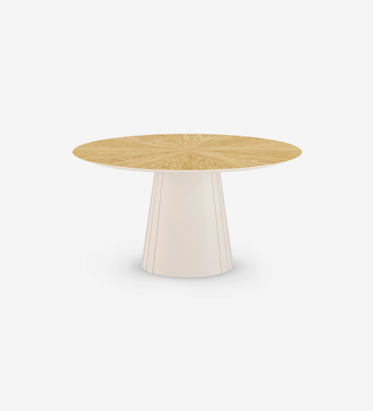 Cannes round dining table Ø 150 cm, natural oak top, pearl lacquered foot.