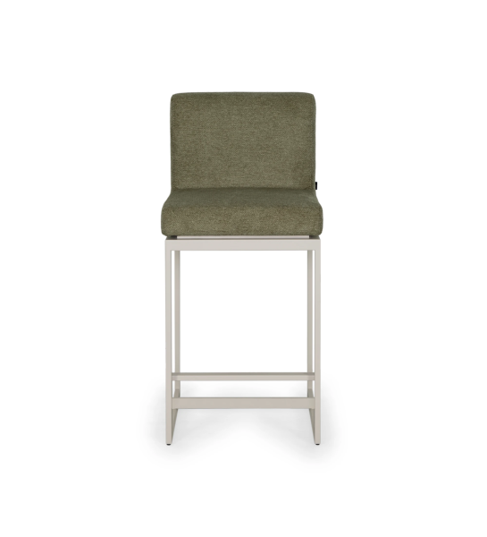 Taburete con asiento y respaldo tapizados en tela, con estructura de metal lacado en perla