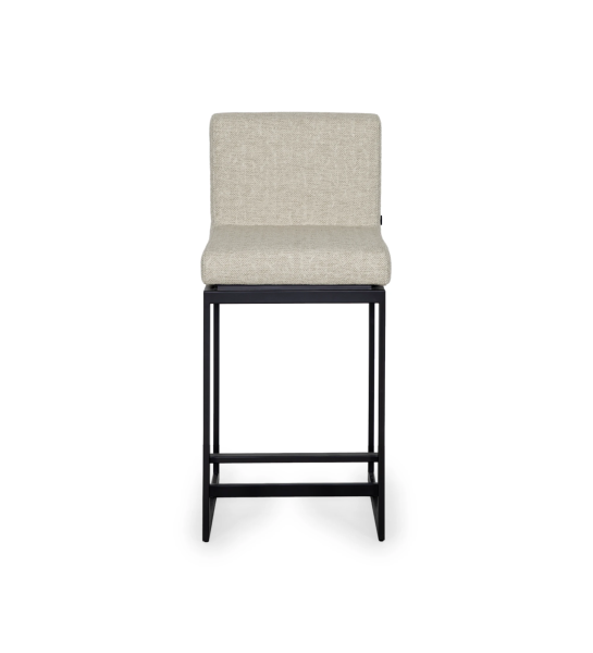 Tabouret avec assise et dossier recouverts de tissu, avec structure en métal laqué noir