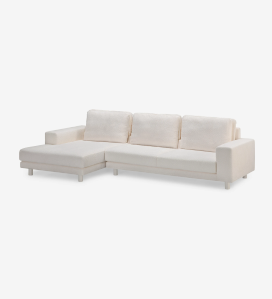 Dallas 3-seater sofa and left chaise longue, upholstered in beige fabric, folding back cushions, pearl lacquered feet, 318 cm.