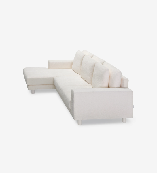 Dallas 3-seater sofa and left chaise longue, upholstered in beige fabric, folding back cushions, pearl lacquered feet, 318 cm.