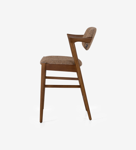 Stool in walnut-colored ash wood, with seat and back upholstered in fabric.