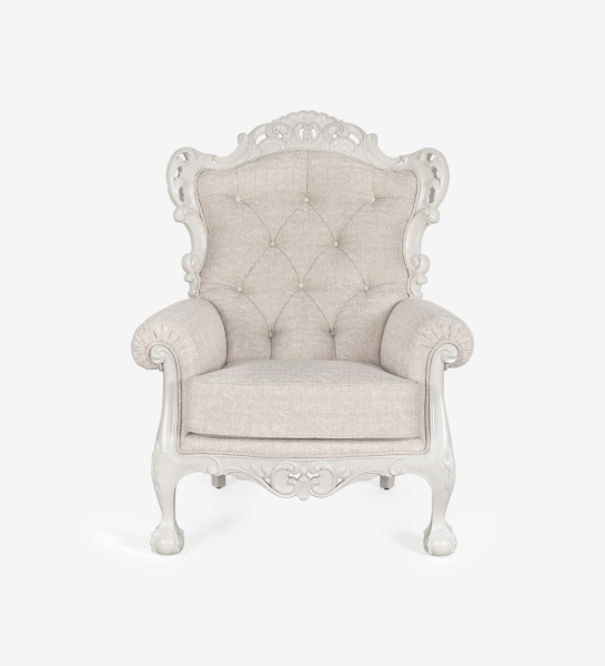 Paris armchair upholstered in beige fabric, structure and feet lacquered in pearl.