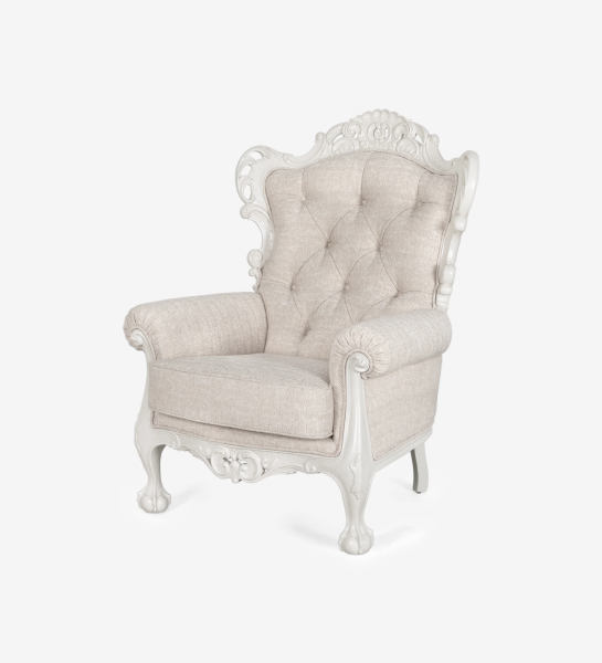 Paris armchair upholstered in beige fabric, structure and feet lacquered in pearl.